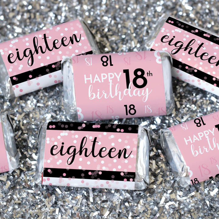 18th Birthday: Pink and Black - Adult Birthday - Hershey's Miniatures Candy Bar Wrappers Stickers - 42 Stickers
