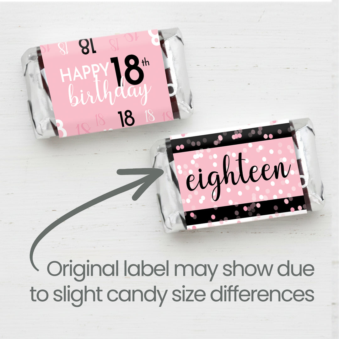18th Birthday: Pink and Black - Adult Birthday - Hershey's Miniatures Candy Bar Wrappers Stickers - 42 Stickers