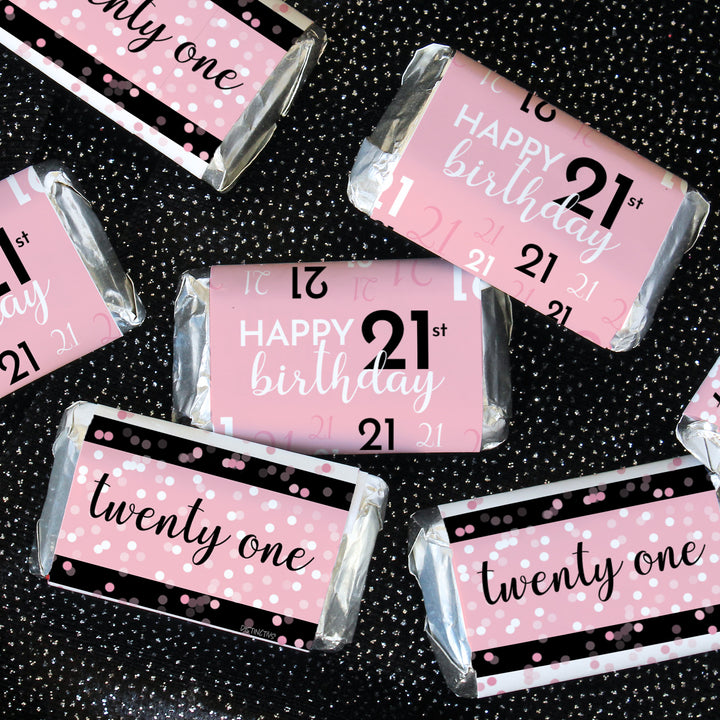 21st Birthday: Pink and Black - Adult Birthday - Hershey's Miniatures Candy Bar Wrappers Stickers - 45 Stickers