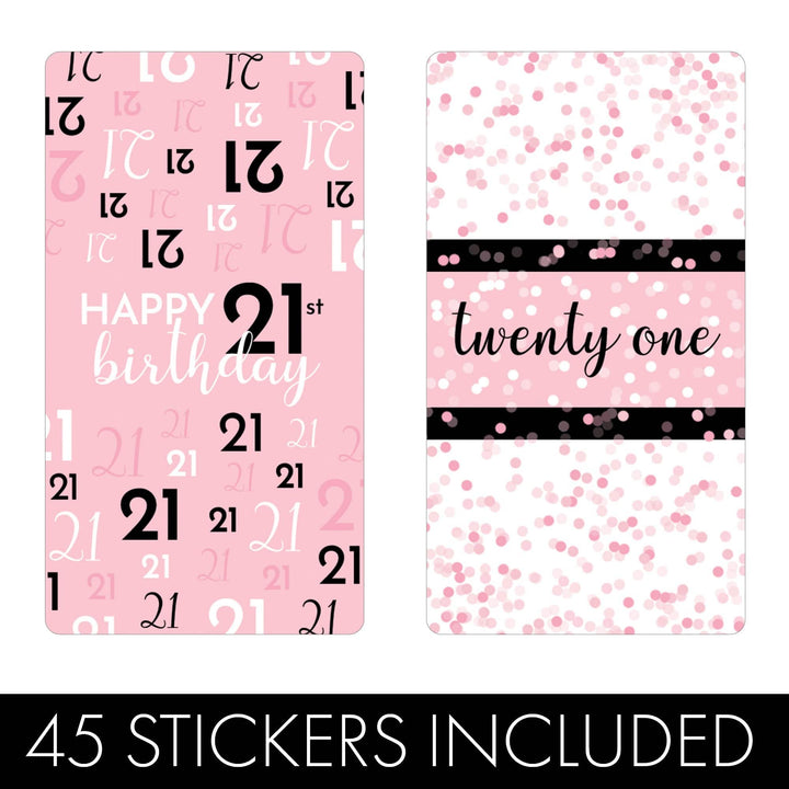 21st Birthday: Pink and Black - Adult Birthday - Hershey's Miniatures Candy Bar Wrappers Stickers - 45 Stickers - Distinctivs Party