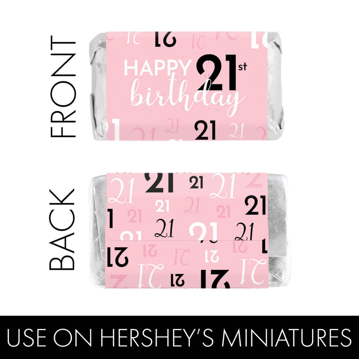 21st Birthday: Pink and Black - Adult Birthday - Hershey's Miniatures Candy Bar Wrappers Stickers - 45 Stickers - Distinctivs Party