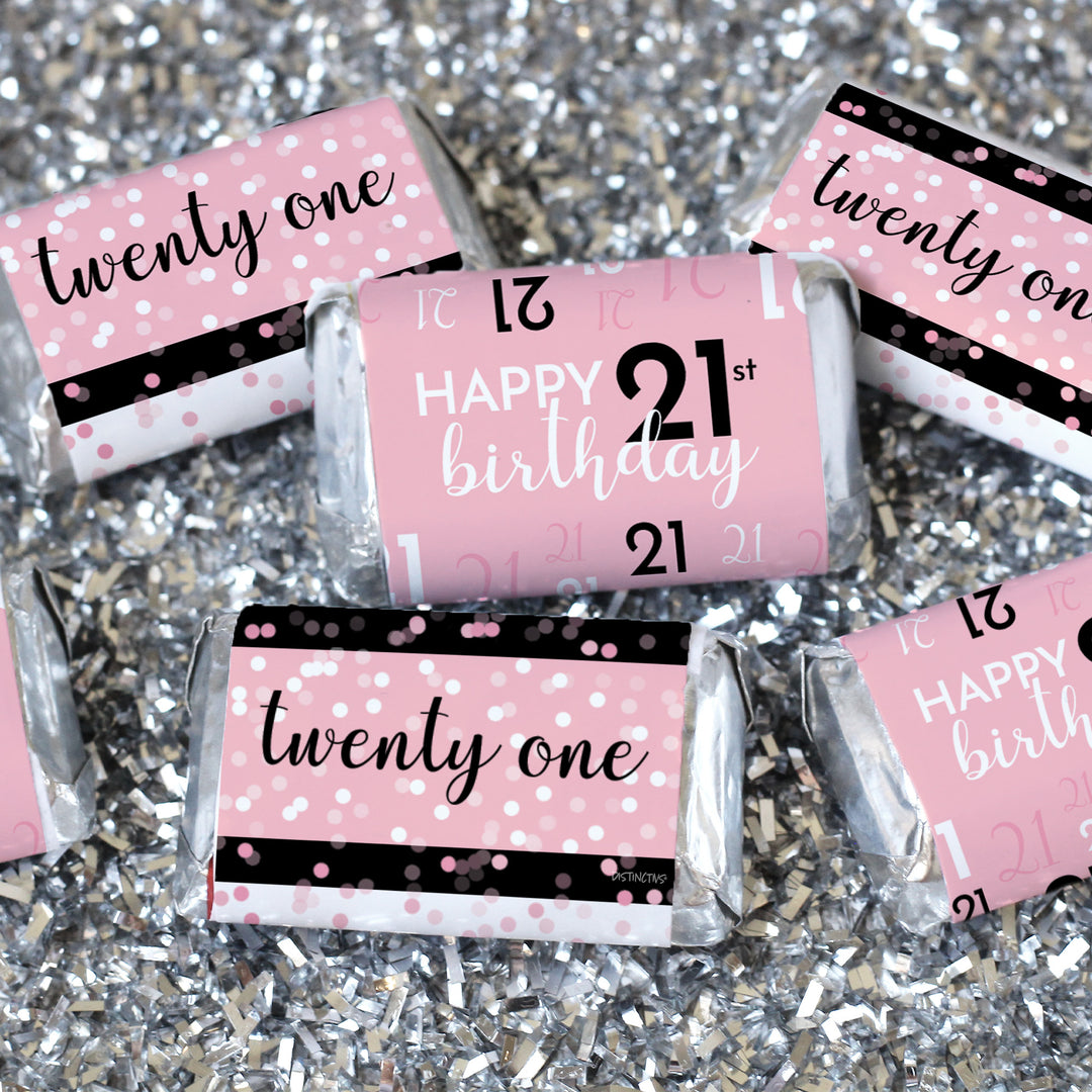 21 cumpleaños: rosa y negro - Cumpleaños de adultos - Pegatinas de envoltorios para barra de caramelos en miniatura de Hershey's - 45 pegatinas