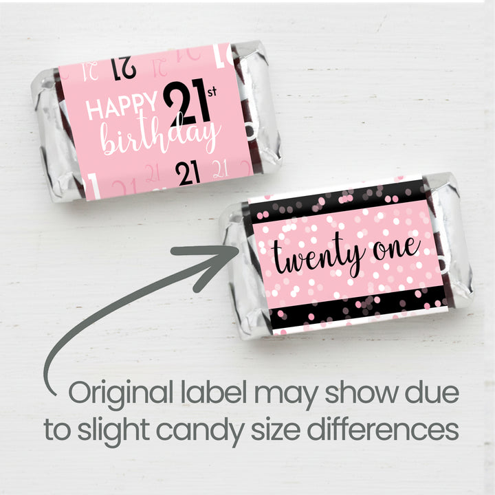 21st Birthday: Pink and Black - Adult Birthday - Hershey's Miniatures Candy Bar Wrappers Stickers - 42 Stickers