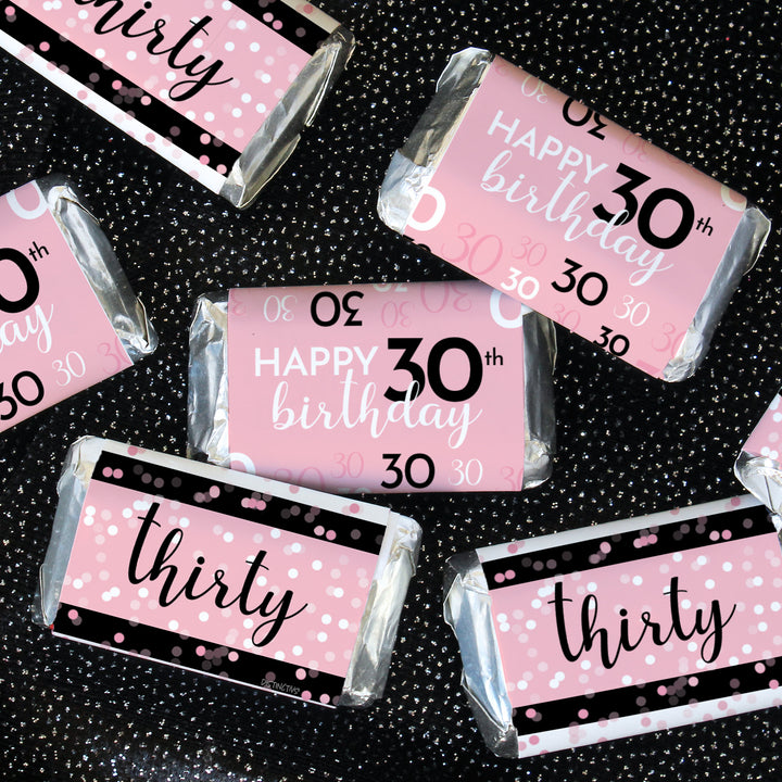 30th Birthday: Pink and Black - Adult Birthday - Hershey's Miniatures Candy Bar Wrappers Stickers - 45 Stickers