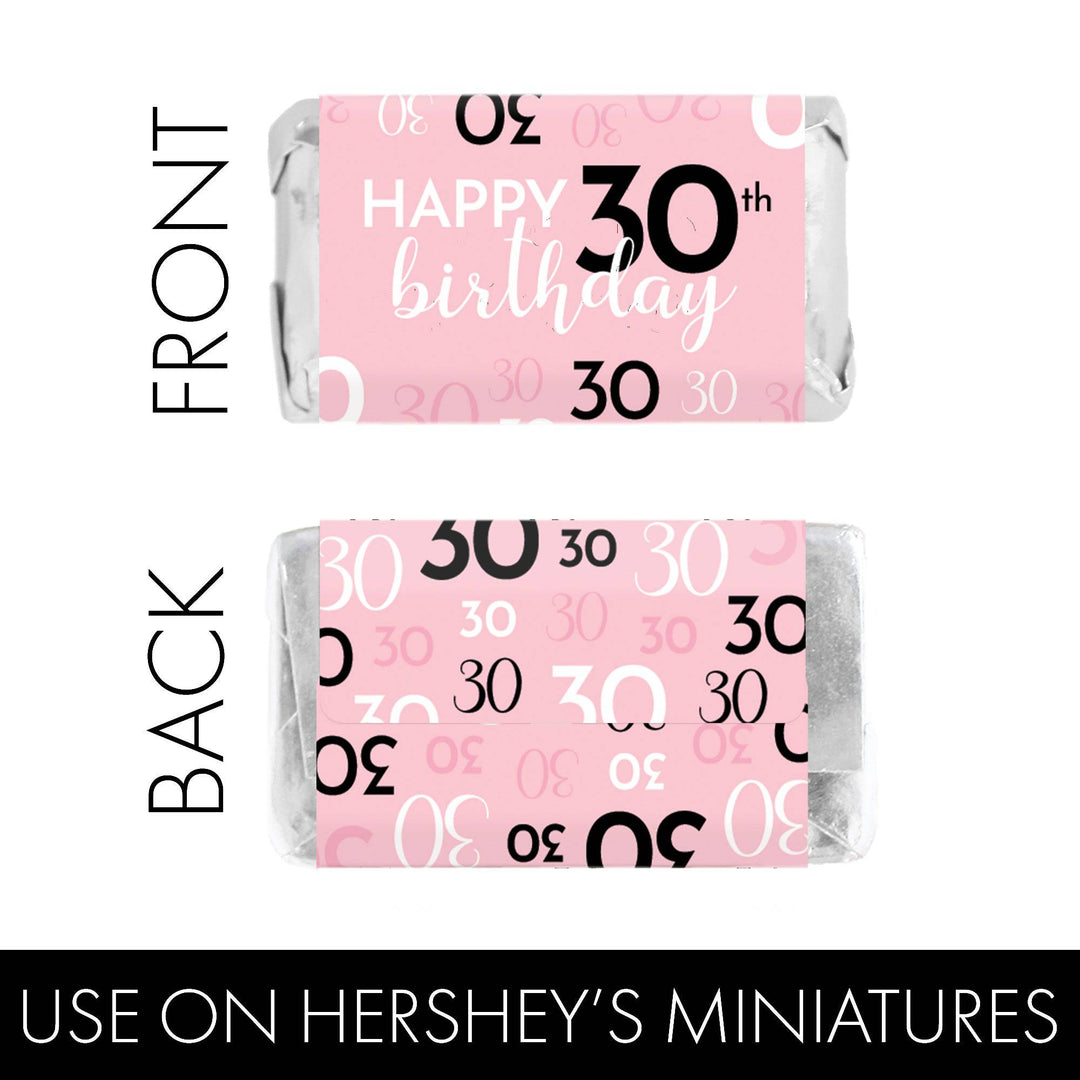 30th Birthday: Pink and Black - Adult Birthday - Hershey's Miniatures Candy Bar Wrappers Stickers - 45 Stickers - Distinctivs Party