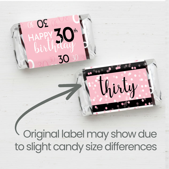 30th Birthday: Pink and Black - Adult Birthday - Hershey's Miniatures Candy Bar Wrappers Stickers - 42 Stickers