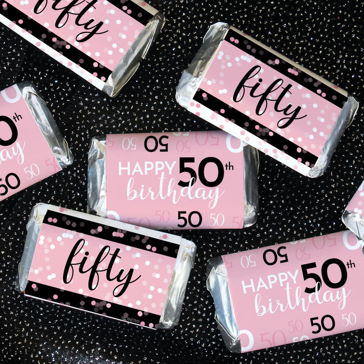 50.º cumpleaños: rosa y negro - Cumpleaños de adultos - Hershey's® Miniatures Candy Bar Wrappers Stickers