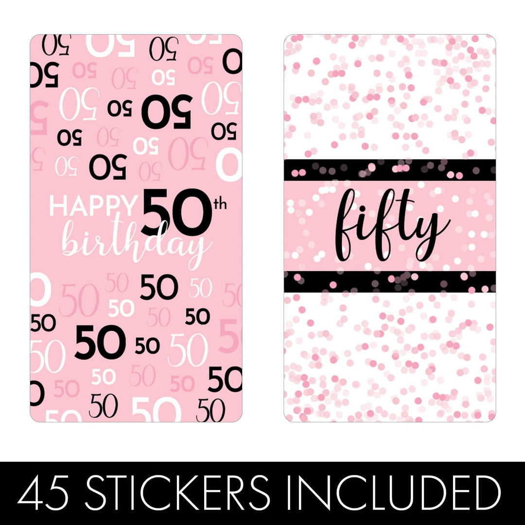 50th Birthday: Pink and Black - Adult Birthday -   Hershey's® Miniatures Candy Bar Wrappers Stickers - Distinctivs Party