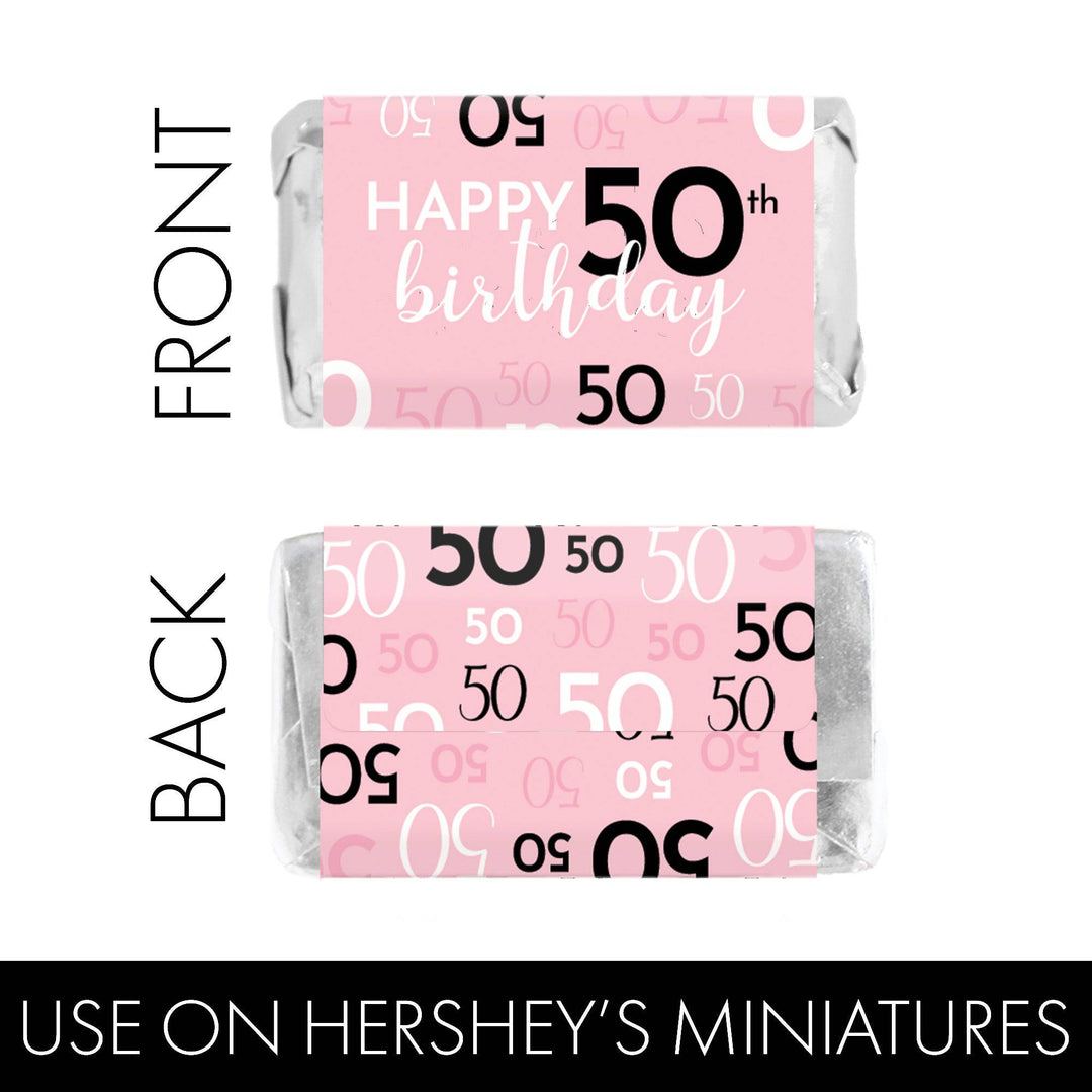 50th Birthday: Pink and Black - Adult Birthday -   Hershey's® Miniatures Candy Bar Wrappers Stickers - Distinctivs Party