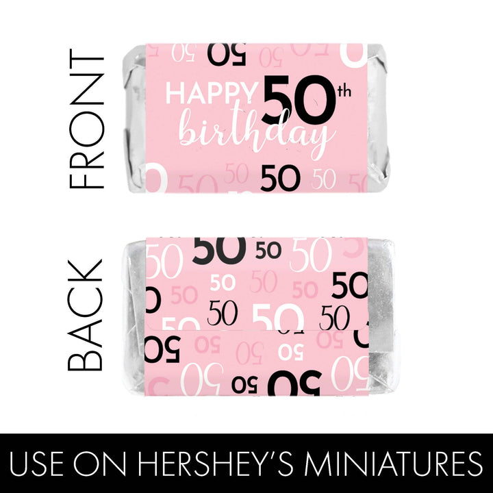 50th Birthday: Pink and Black - Adult Birthday -   Hershey's® Miniatures Candy Bar Wrappers Stickers - Distinctivs Party