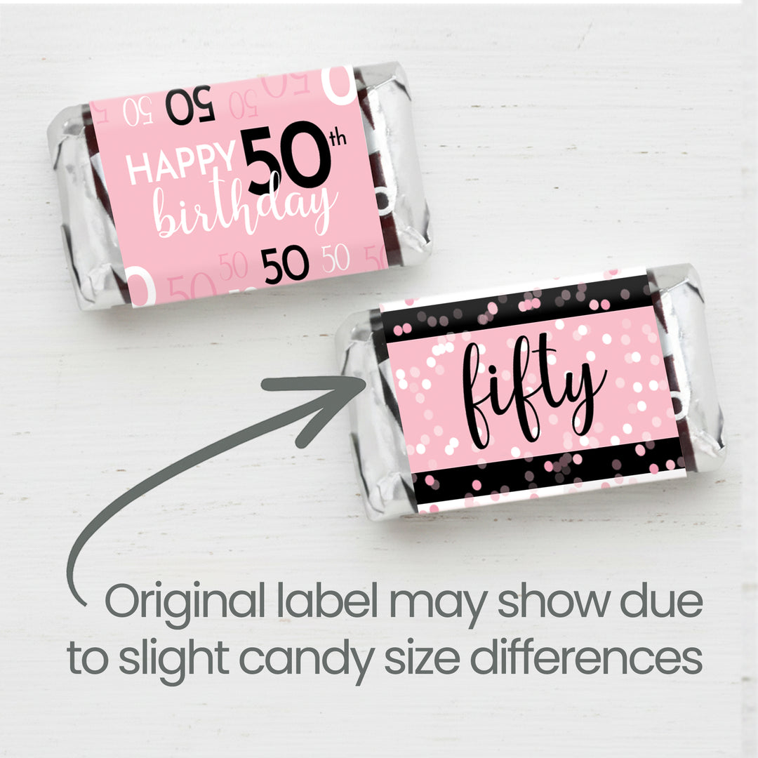 50th Birthday: Pink and Black - Adult Birthday -   Hershey's® Miniatures Candy Bar Wrappers Stickers - 42 count