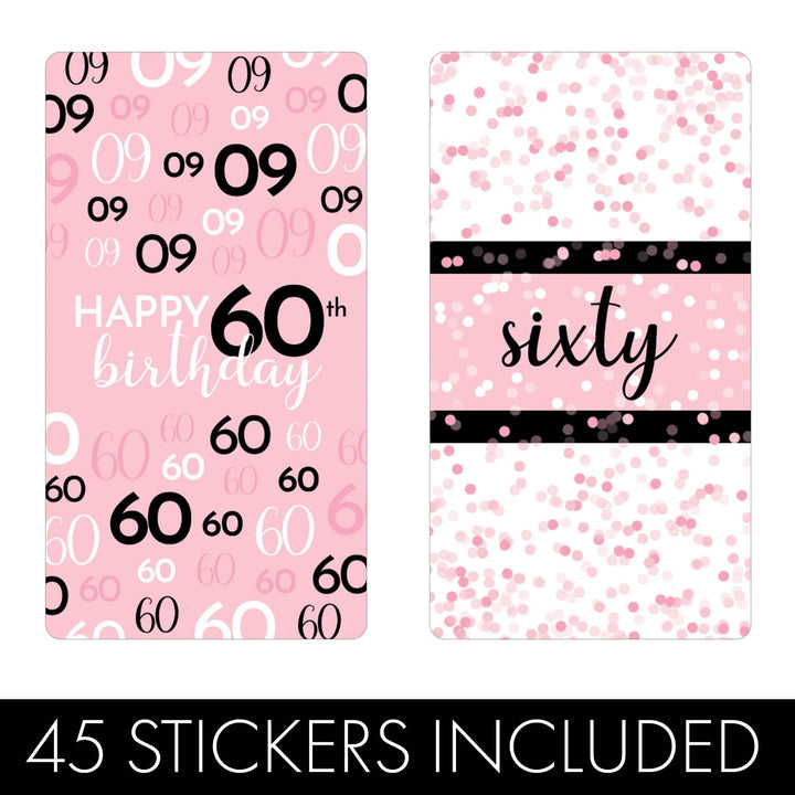 60th Birthday: Pink and Black - Adult Birthday -  Hershey's Miniatures Candy Bar Wrappers Stickers - 45 Stickers - Distinctivs Party