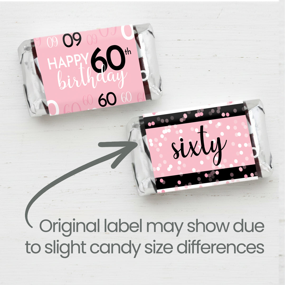 60th Birthday: Pink and Black - Adult Birthday -  Hershey's Miniatures Candy Bar Wrappers Stickers - 42 Stickers