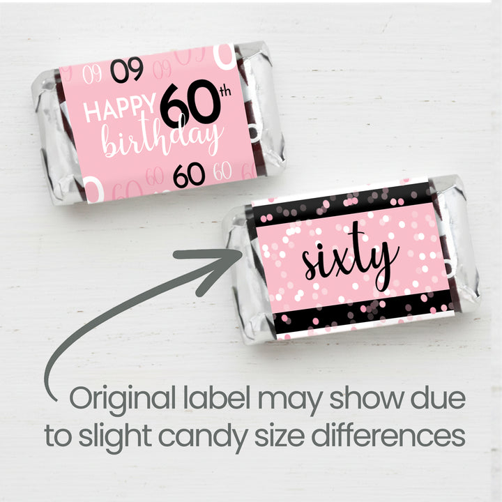 60th Birthday: Pink and Black - Adult Birthday -  Hershey's Miniatures Candy Bar Wrappers Stickers - 42 Stickers
