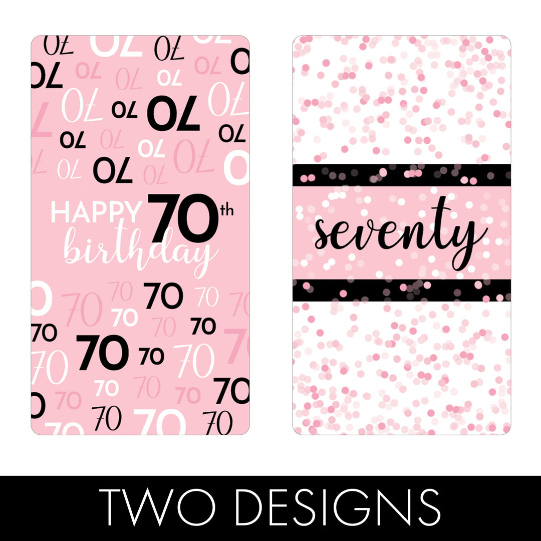 70th Birthday: Pink and Black - Adult Birthday -  Hershey's Miniatures Candy Bar Wrappers Stickers - 42 Stickers