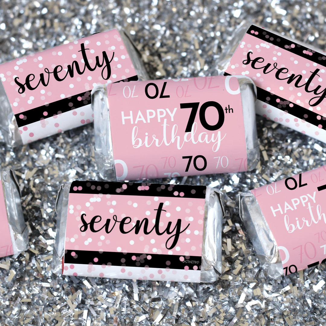 70.º cumpleaños: rosa y negro - Cumpleaños de adultos - Pegatinas de envoltorios para barra de caramelos en miniatura de Hershey's - 45 pegatinas