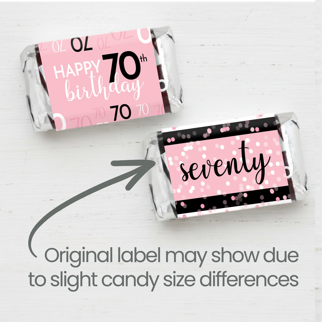 70th Birthday: Pink and Black - Adult Birthday -  Hershey's Miniatures Candy Bar Wrappers Stickers - 42 Stickers