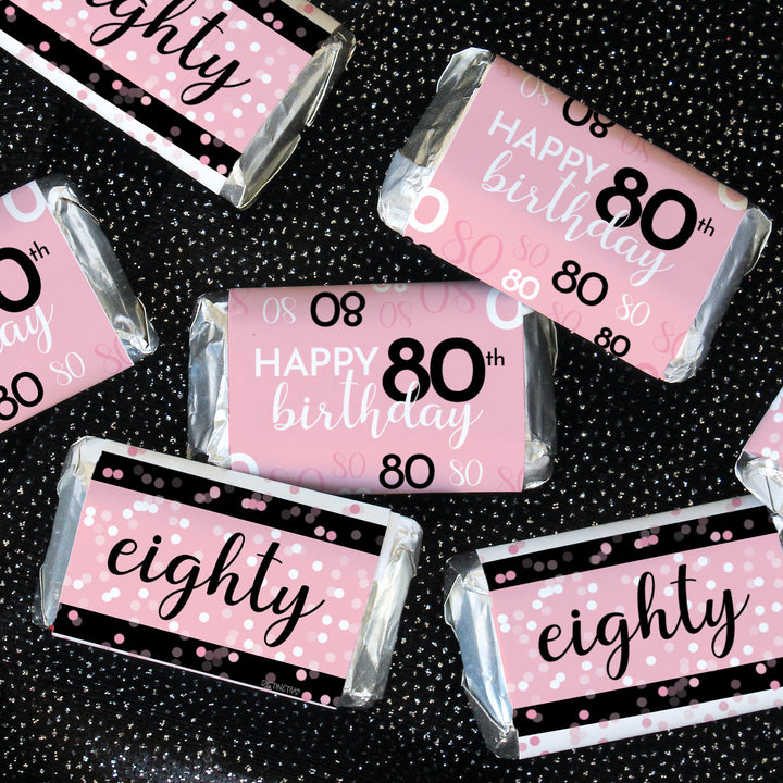 80.º cumpleaños: rosa y negro - Cumpleaños de adultos - Hershey's Miniatures Candy Bar Wrappers Stickers - 45 pegatinas
