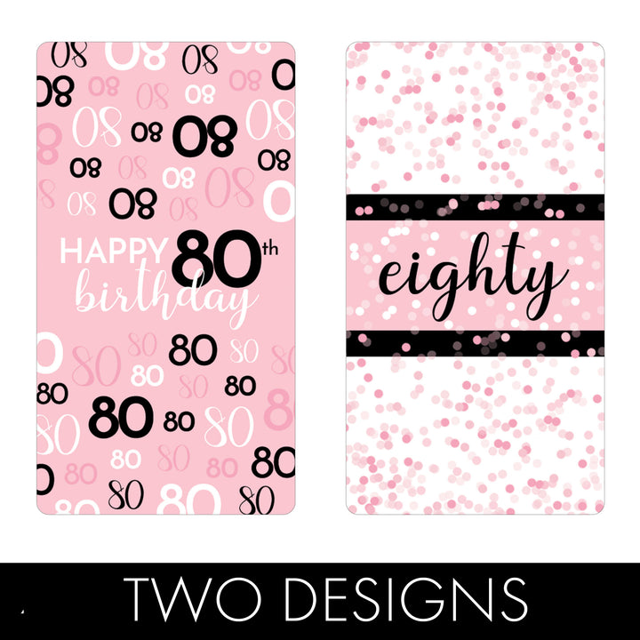 80th Birthday: Pink and Black - Adult Birthday - Hershey's Miniatures Candy Bar Wrappers Stickers - 42 Stickers
