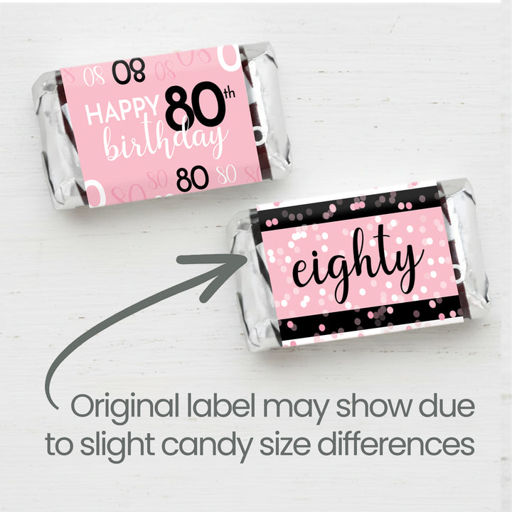 80th Birthday: Pink and Black - Adult Birthday - Hershey's Miniatures Candy Bar Wrappers Stickers - 42 Stickers