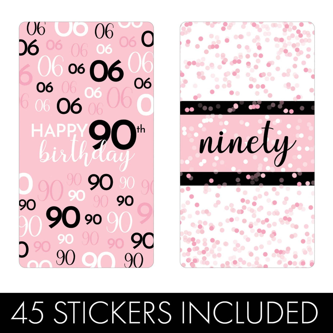 90th Birthday: Pink and Black - Adult Birthday - Hershey's Miniatures Candy Bar Wrappers Stickers - 45 Stickers - Distinctivs Party