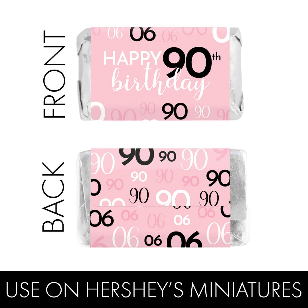 90th Birthday: Pink and Black - Adult Birthday - Hershey's Miniatures Candy Bar Wrappers Stickers - 45 Stickers - Distinctivs Party