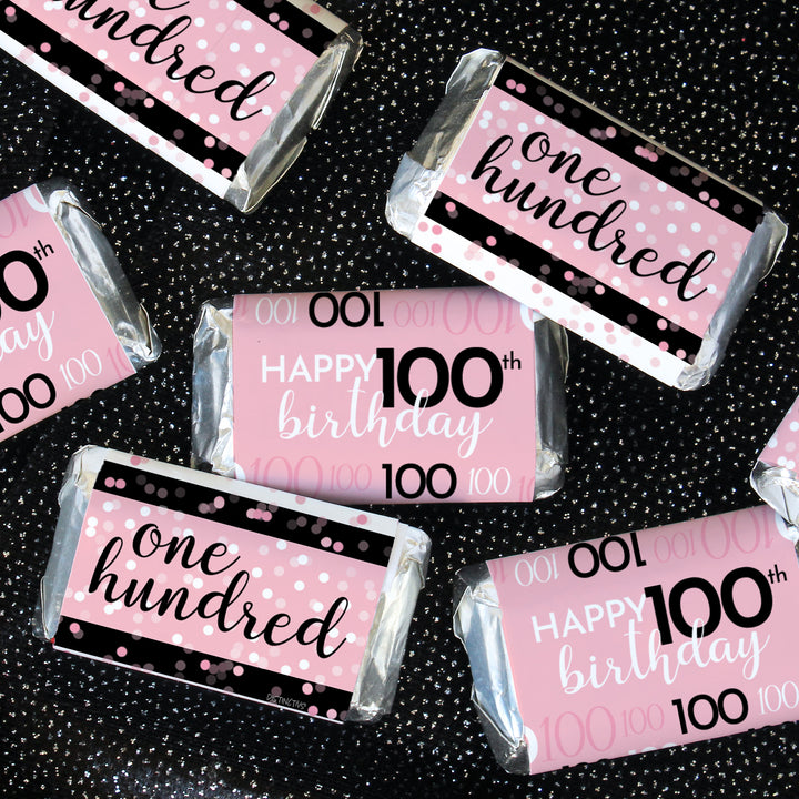 100.º cumpleaños: rosa y negro - Cumpleaños de adultos - Hershey's Miniatures Candy Bar Wrappers Stickers - 45 pegatinas