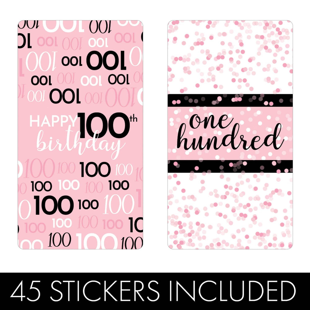 100th Birthday: Pink and Black - Adult Birthday - Hershey's Miniatures Candy Bar Wrappers Stickers - 45 Stickers - Distinctivs Party