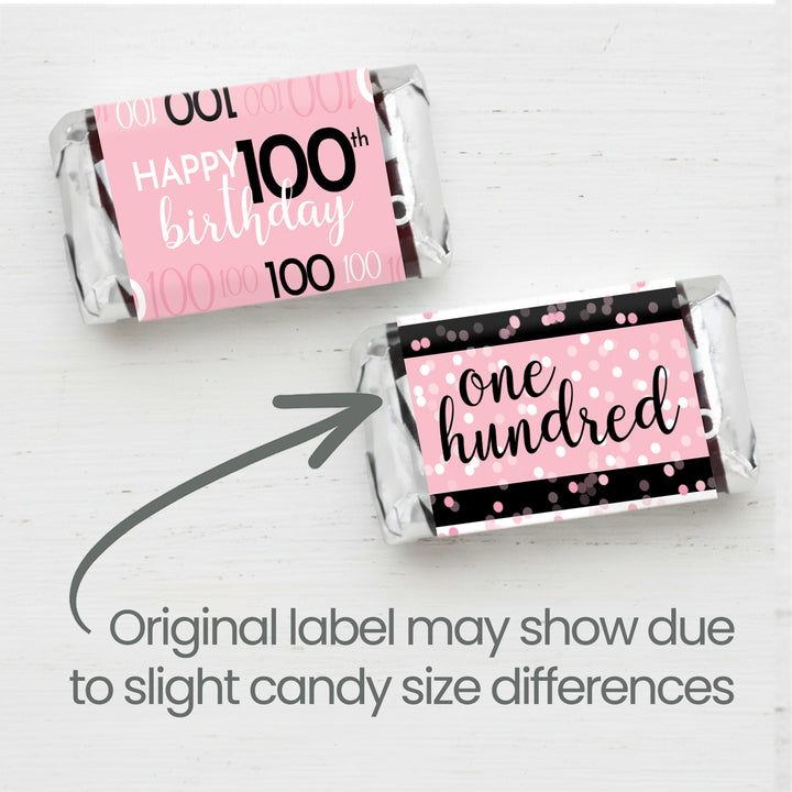 100th Birthday: Pink and Black - Adult Birthday - Hershey's Miniatures Candy Bar Wrappers Stickers - 42 Stickers