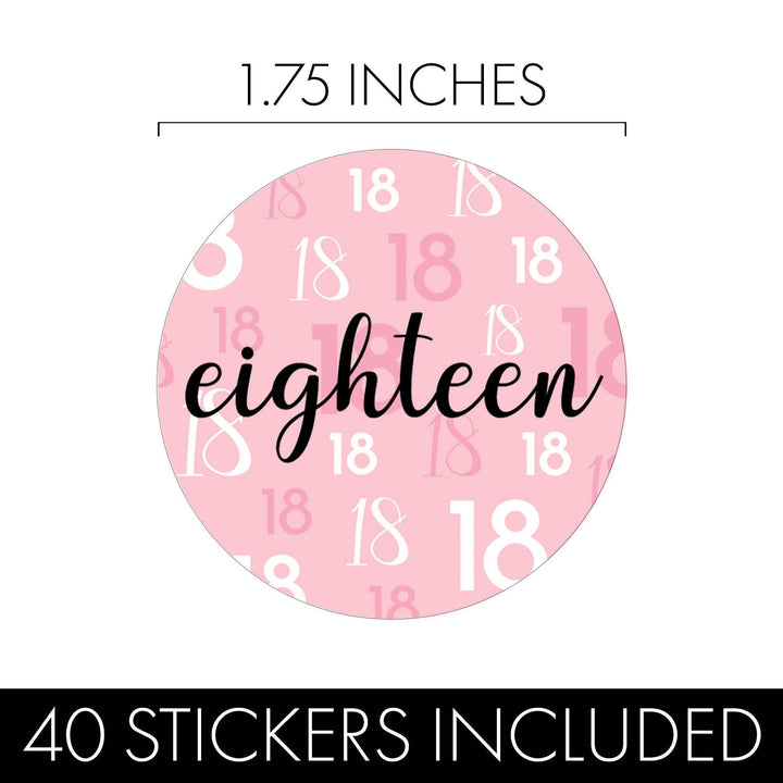 18th Birthday: Pink and Black - Adult Birthday - Round Favor Stickers - 40 Stickers - Distinctivs Party