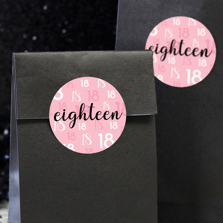18th Birthday: Pink and Black - Adult Birthday - Round Favor Stickers - 40 Stickers