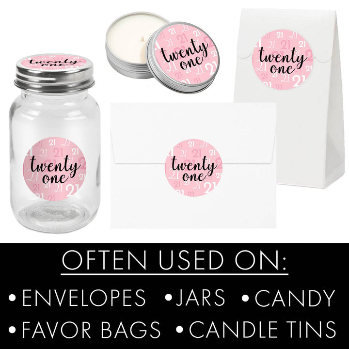 21st Birthday: Pink and Black - Adult Birthday - Round Favor Stickers - 40 Stickers - Distinctivs Party