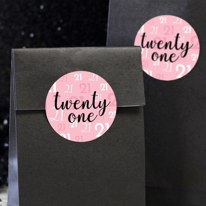 21st Birthday: Pink and Black - Adult Birthday - Round Favor Stickers - 40 Stickers