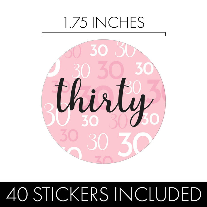 30th Birthday: Pink and Black - Adult Birthday -  Round Favor Stickers - 40 Stickers - Distinctivs Party