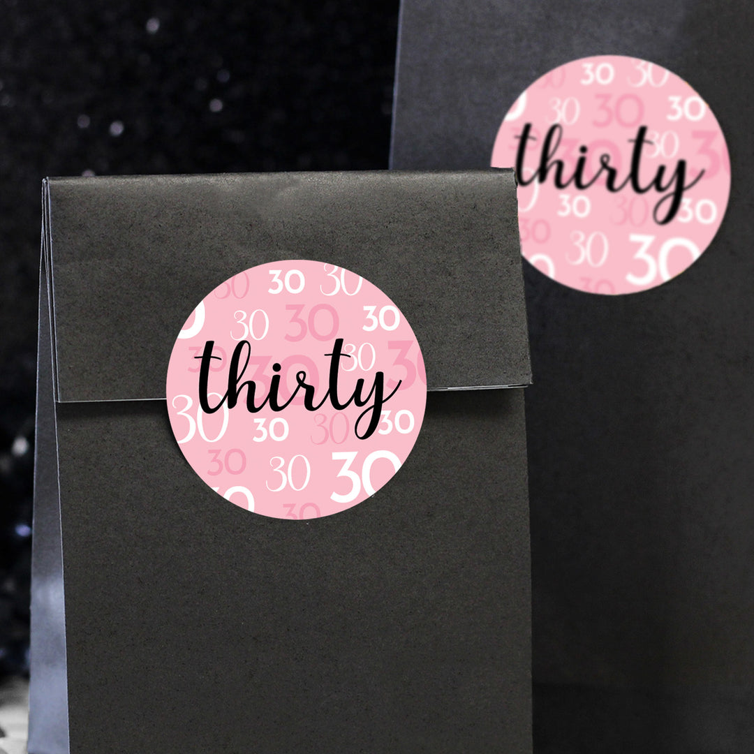 30th Birthday: Pink and Black - Adult Birthday -  Round Favor Stickers - 40 Stickers