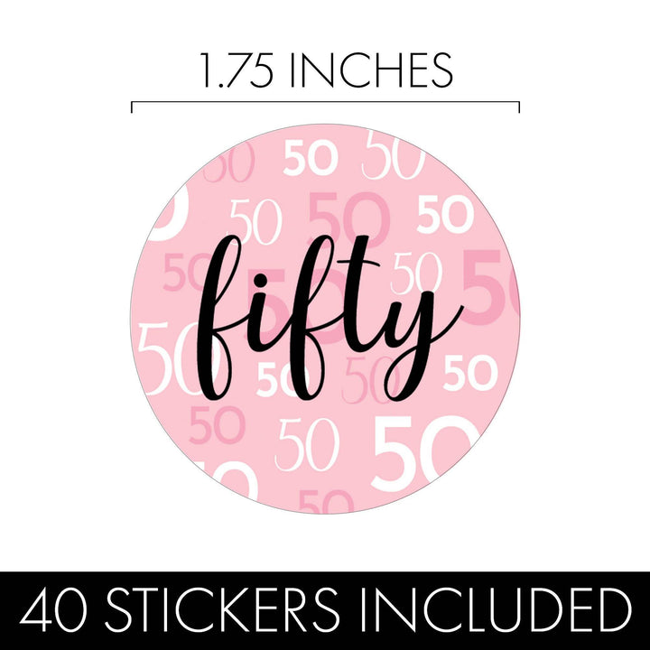 50th Birthday: Pink and Black - Adult Birthday -  Round Favor Stickers - 40 Stickers - Distinctivs Party