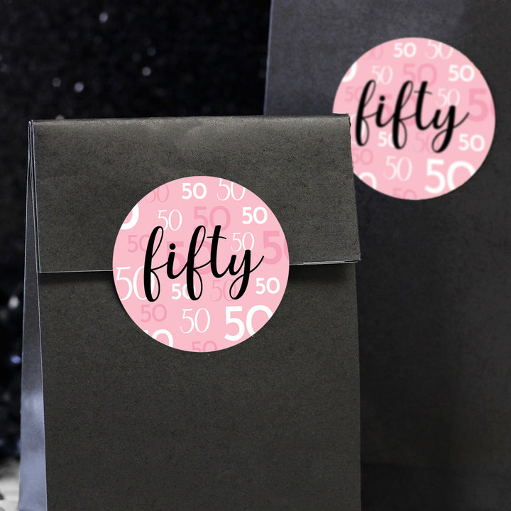 50th Birthday: Pink and Black - Adult Birthday -  Round Favor Stickers - 40 Stickers