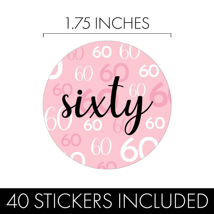 60th Birthday: Pink and Black - Adult Birthday - Round Favor Stickers - 40 Stickers - Distinctivs Party