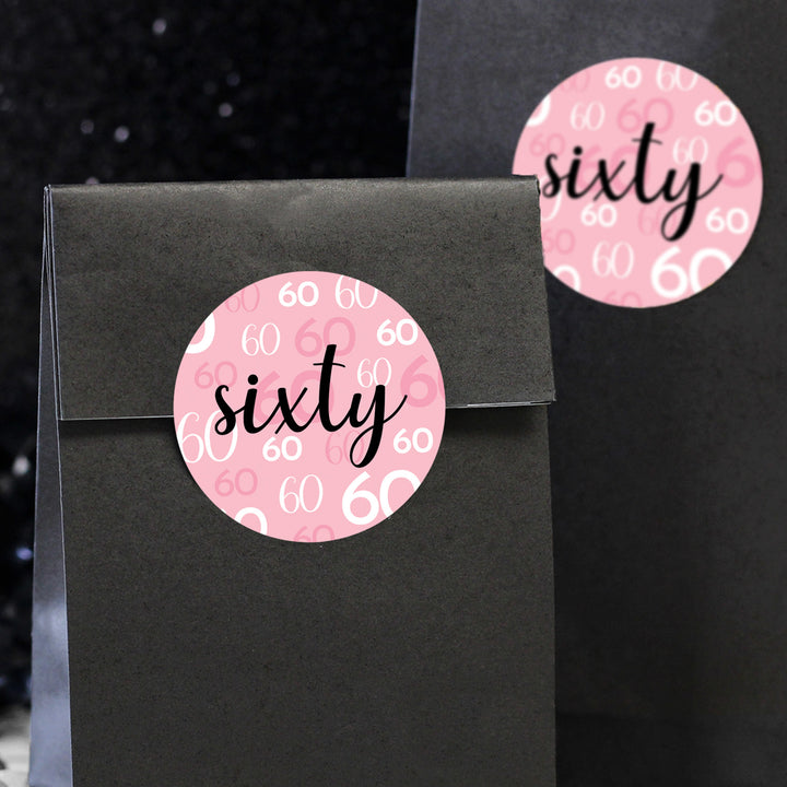 60th Birthday: Pink and Black - Adult Birthday - Round Favor Stickers - 40 Stickers