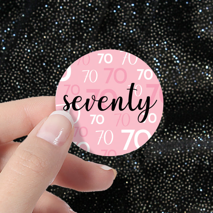 70.º cumpleaños: rosa y negro - Cumpleaños de adultos - Pegatinas redondas para regalos - 40 pegatinas