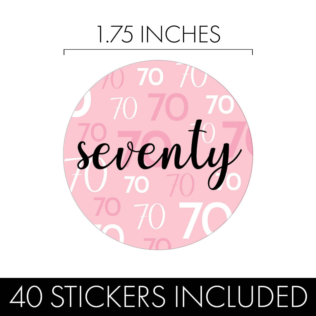 70th Birthday: Pink and Black - Adult Birthday -  Round Favor Stickers - 40 Stickers - Distinctivs Party