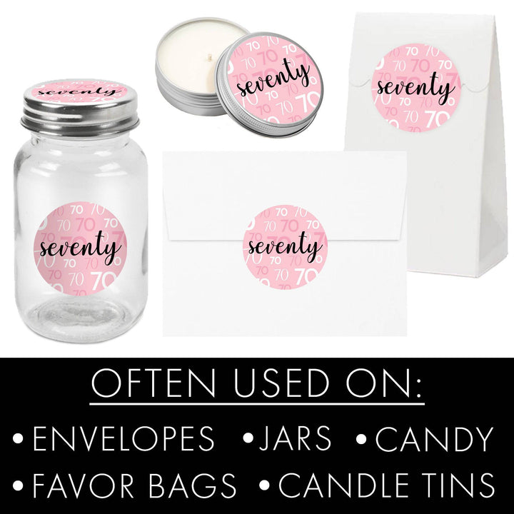 70th Birthday: Pink and Black - Adult Birthday -  Round Favor Stickers - 40 Stickers - Distinctivs Party