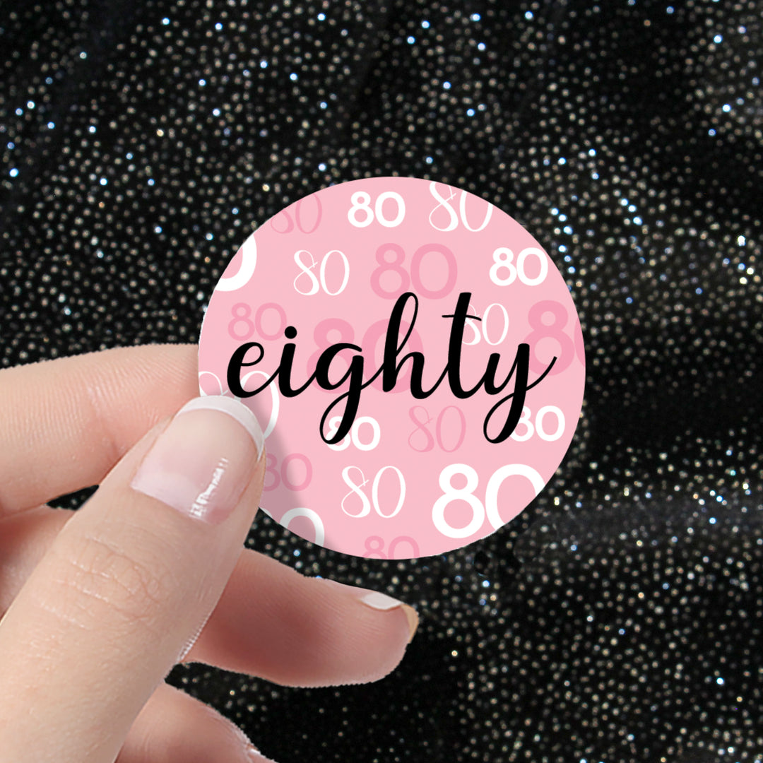 80th Birthday: Pink and Black - Adult Birthday - Round Favor Stickers - 40 Stickers
