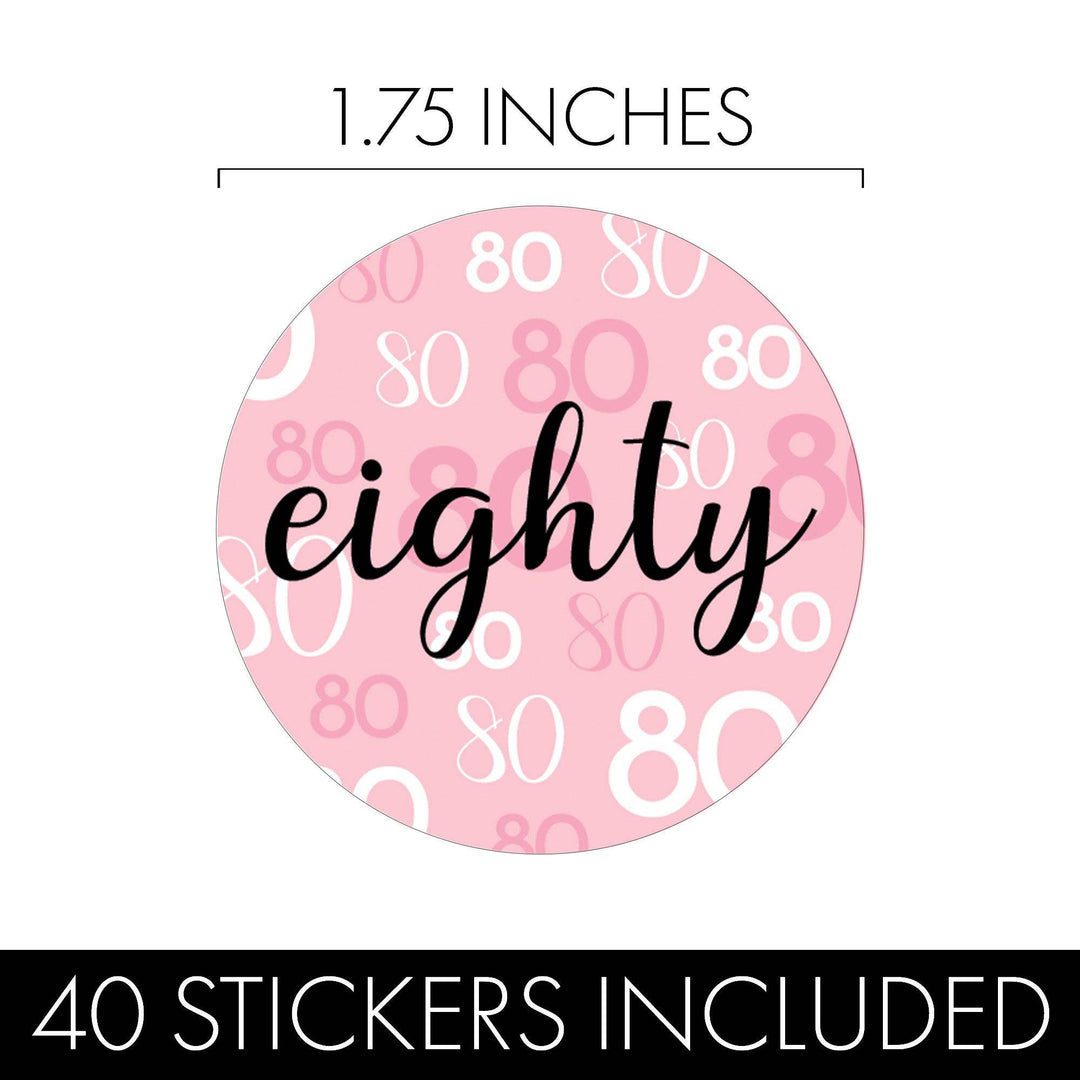 80th Birthday: Pink and Black - Adult Birthday - Round Favor Stickers - 40 Stickers - Distinctivs Party