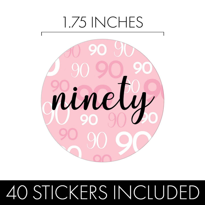 90th Birthday: Pink and Black - Adult Birthday -  Round Favor Stickers - 40 Stickers - Distinctivs Party