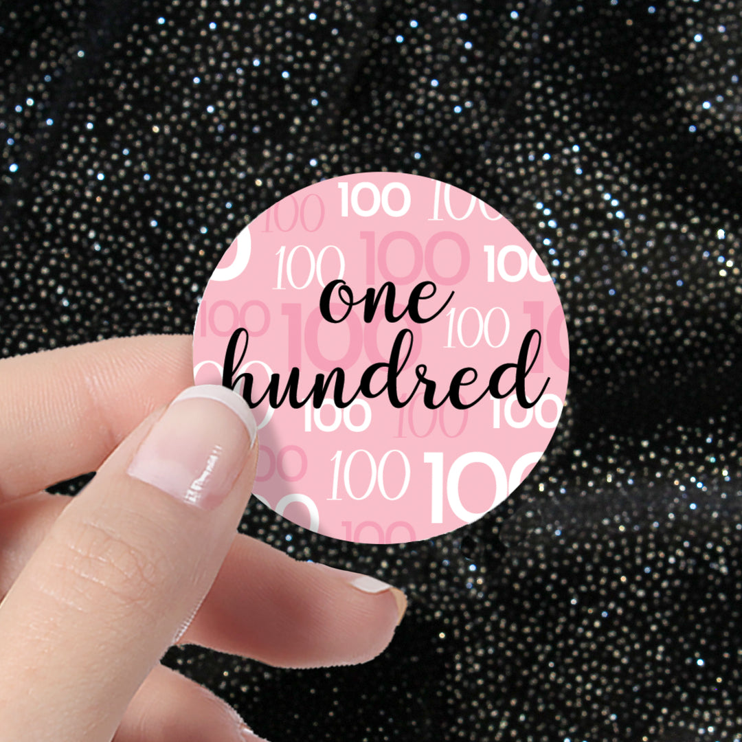 100th Birthday: Pink and Black - Adult Birthday - Round Favor Stickers - 40 Stickers