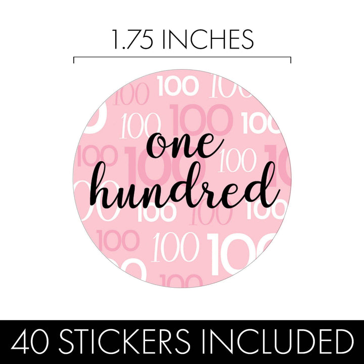 100th Birthday: Pink and Black - Adult Birthday - Round Favor Stickers - 40 Stickers - Distinctivs Party