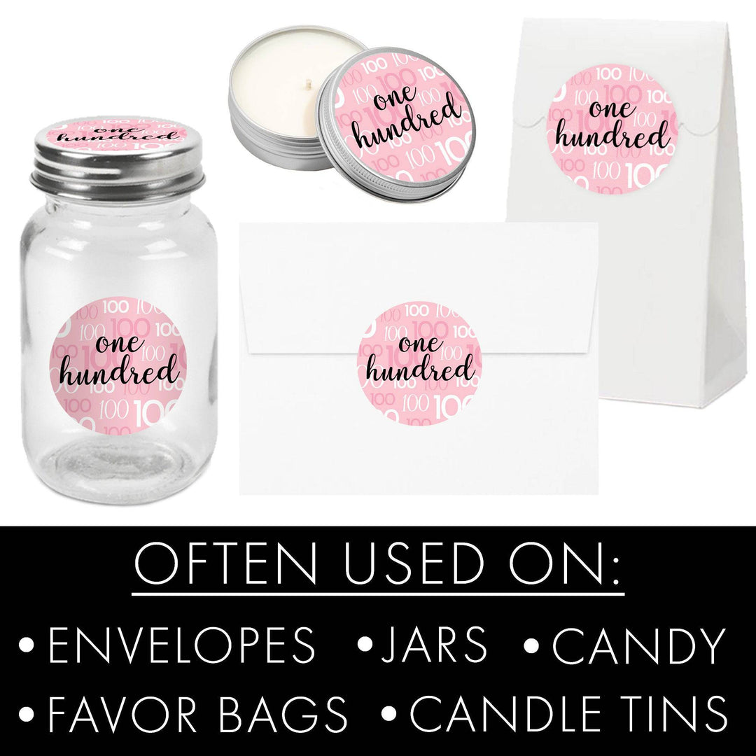 100th Birthday: Pink and Black - Adult Birthday - Round Favor Stickers - 40 Stickers - Distinctivs Party