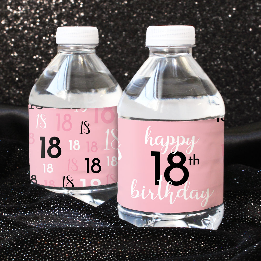 18th Birthday: Pink and Black - Adult Birthday - Water Bottle Label Stickers - 24 Waterproof Stickers