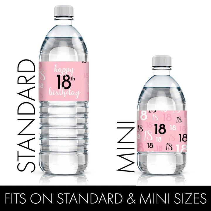 18th Birthday: Pink and Black - Adult Birthday - Water Bottle Label Stickers - 24 Waterproof Stickers - Distinctivs Party